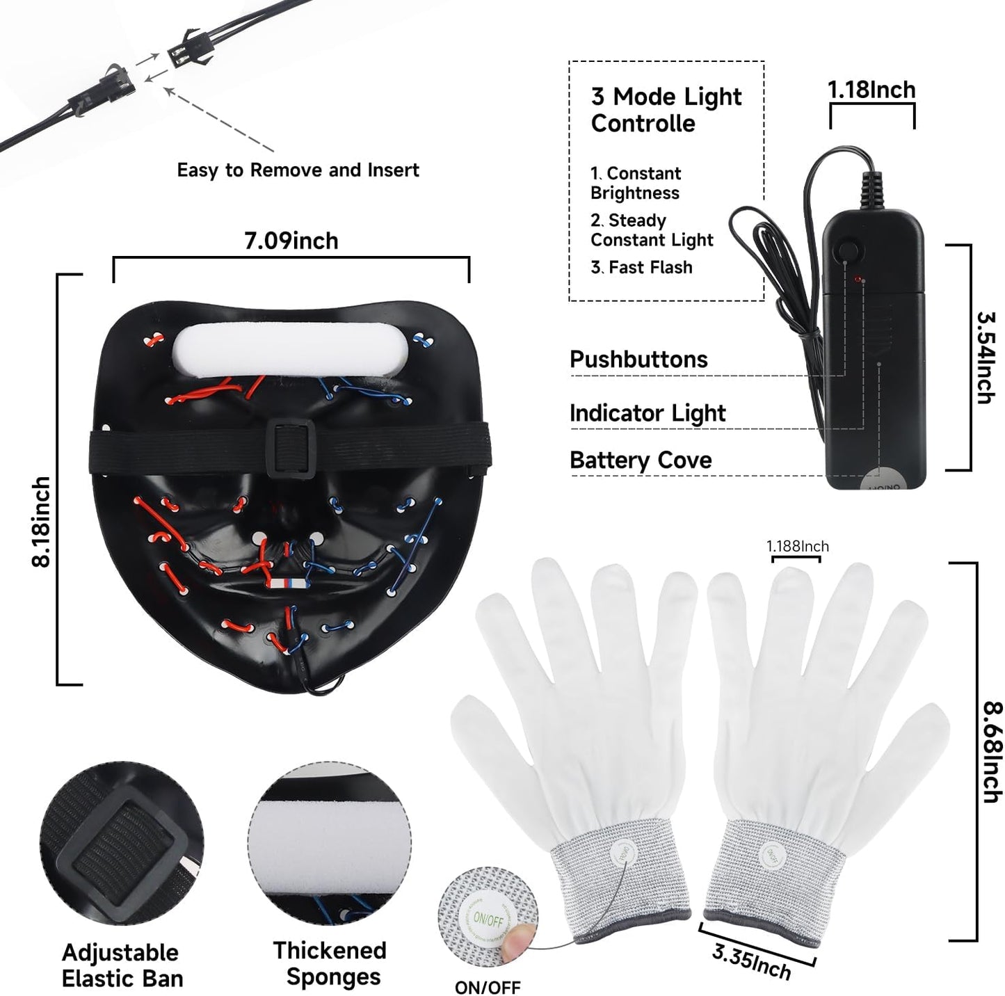 Halloween Light up Mask,Led Purge Mask with Gloves,Scary Cool Teen Halloween Costumes Mask for Women Kids Boys