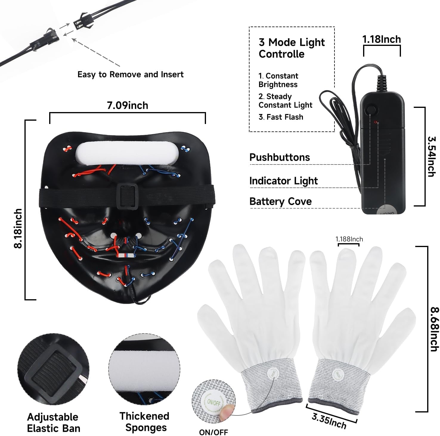 Halloween Light up Mask,Led Purge Mask with Gloves,Scary Cool Teen Halloween Costumes Mask for Women Kids Boys