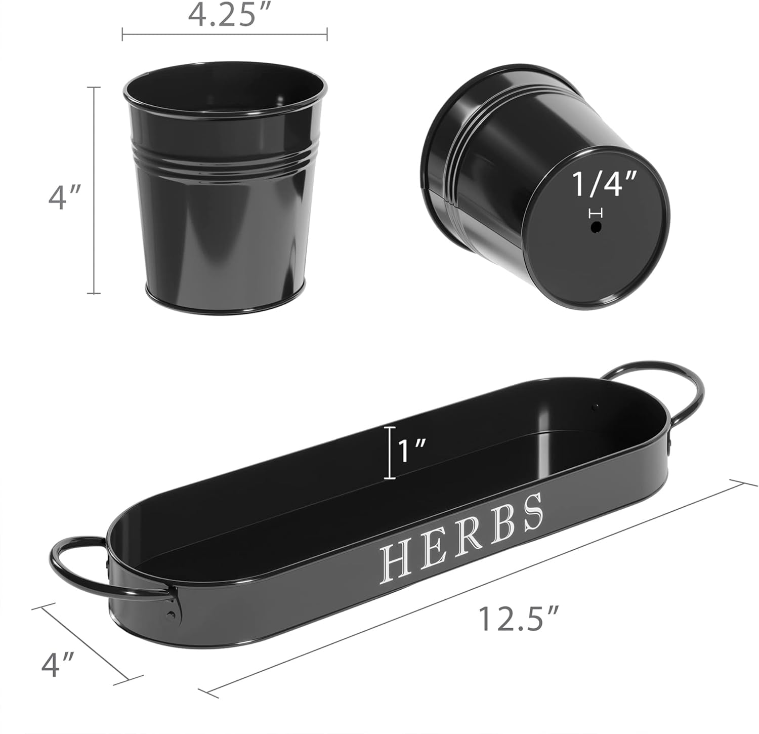 Indoor Herb Garden Planter Set with Tray, Metal Windowsill Plant Pots with Drainage for Outdoor or Indoor Plants, Set/3 (Black)