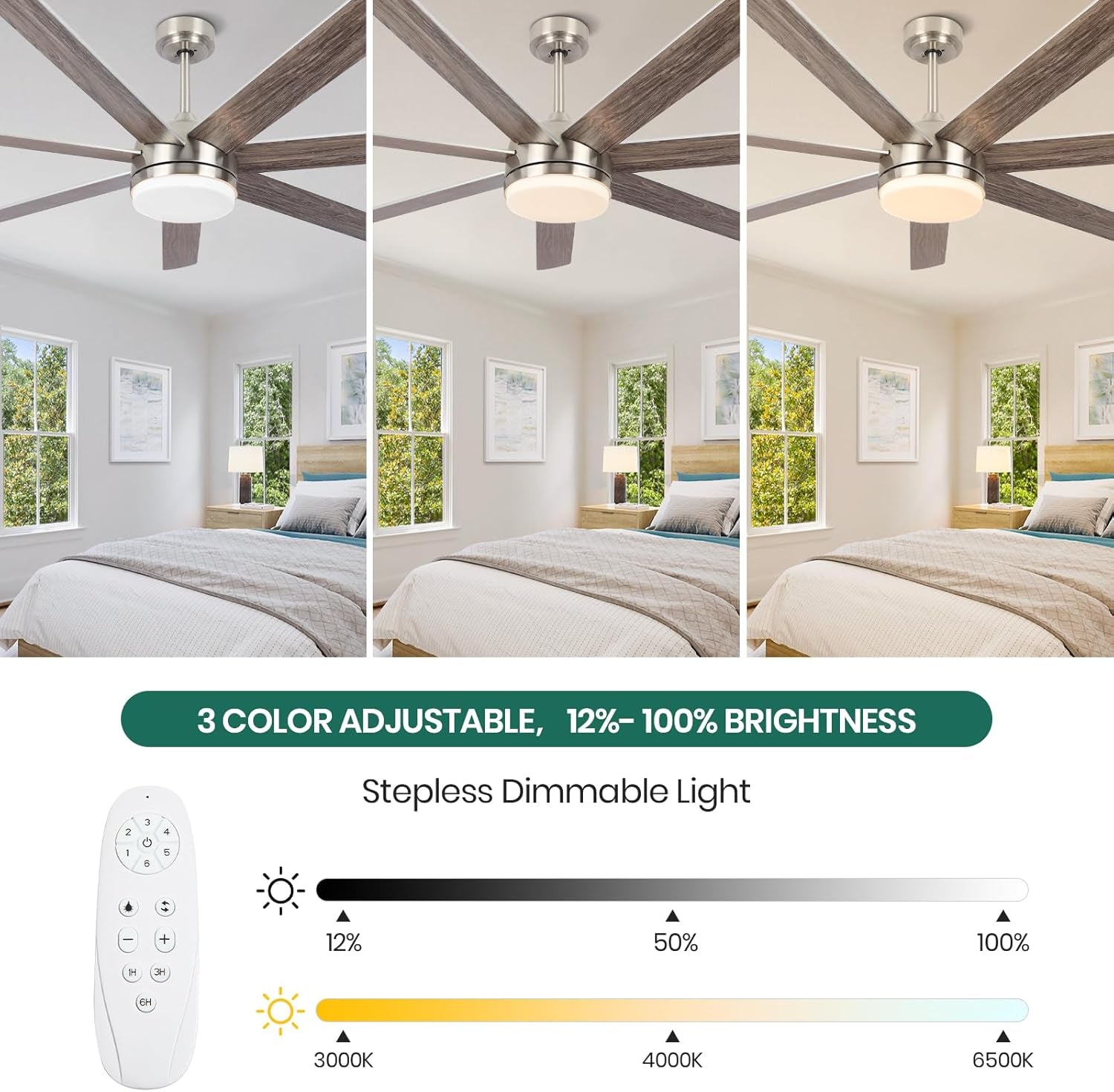 62 Inch Ceiling Fan with Lights, Outdoor Ceiling Fan with Light 7 Reversible Blades,Dimmable, Modern Nickel Ceiling Fan with 6" and 12" Downrods for Bedroom Living Room Patio