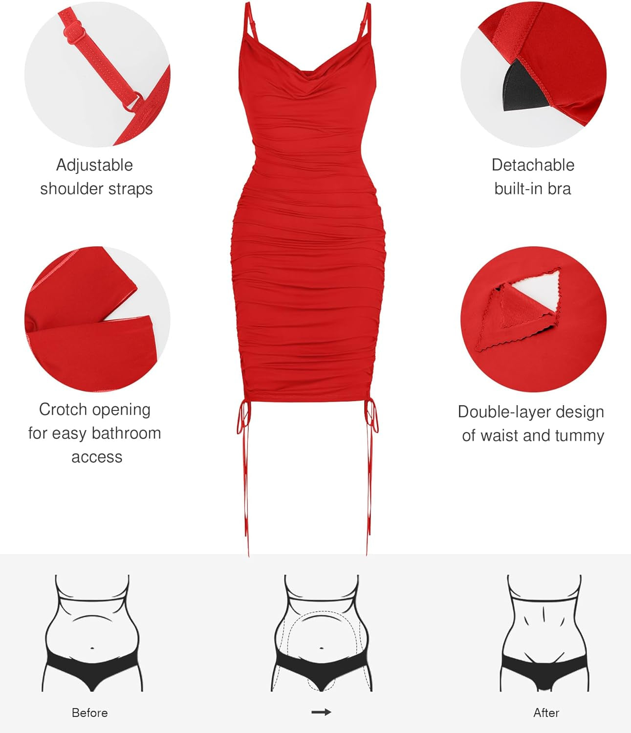 Shapewear Dress Mini Dress Tummy Control Drawstring Adjustable Dress Ruched Bodycon Dress for Women