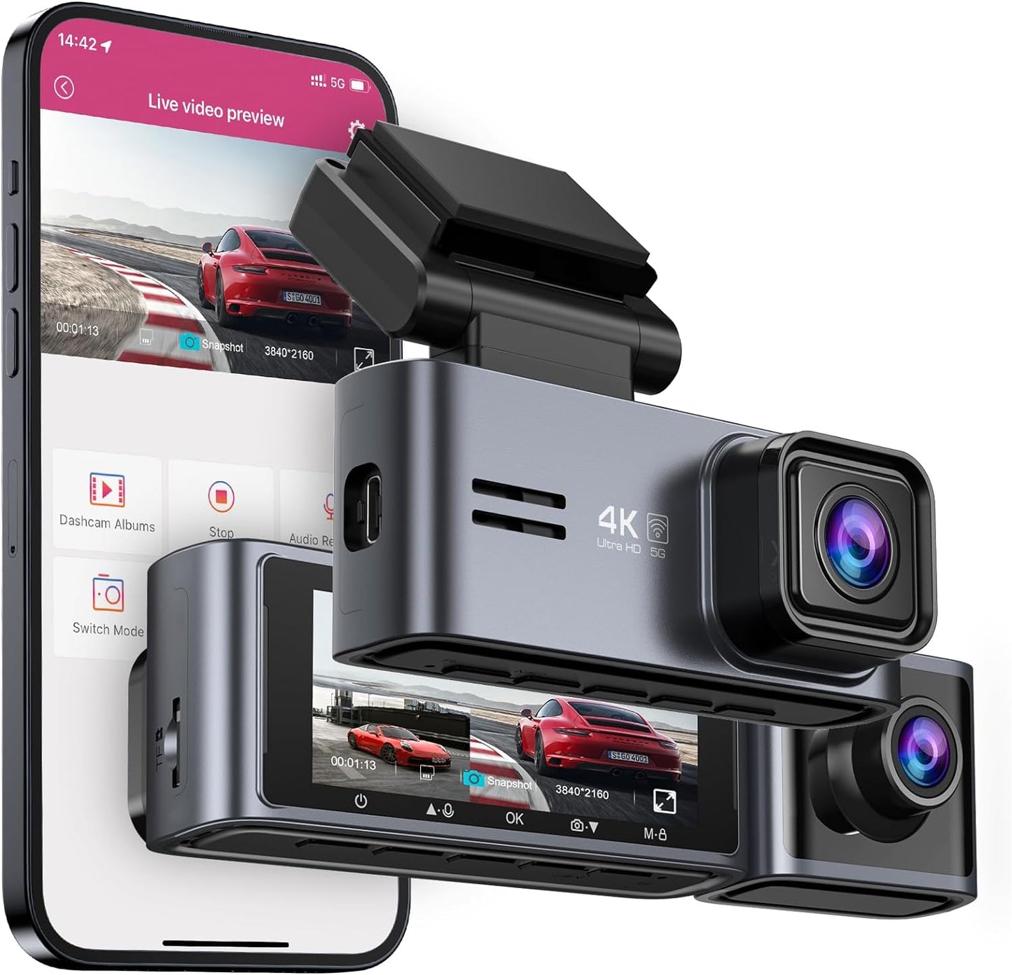 Dash Cam 5G Wifi GPS, Dash Cam Front and inside 4K/2K/1080P+1080P, 64GB Card Included, Dash Camera for Cars with 3.18" LCD Screen, Car Camera with IR Super Night Vision, WDR, G-Sensor, App