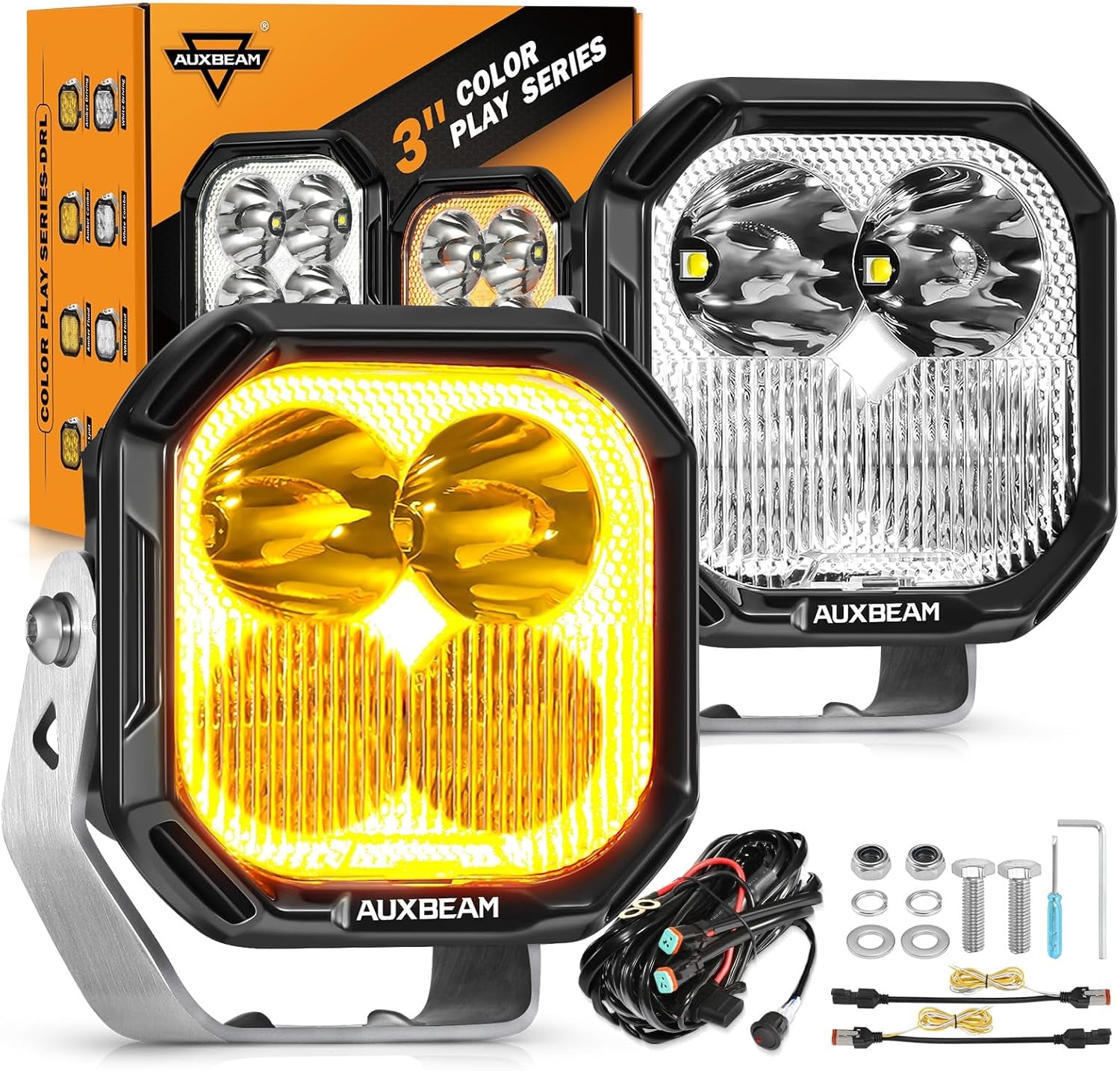 Color Play Series 3 Inch LED Pod Lights, 100W 11600LM Amber White LED Cube Spot Light Offroad Driving Ditch Lights with DRL & Turn Signal, Fog Lights for Trucks Jeep Ford UTV ATV, Pair