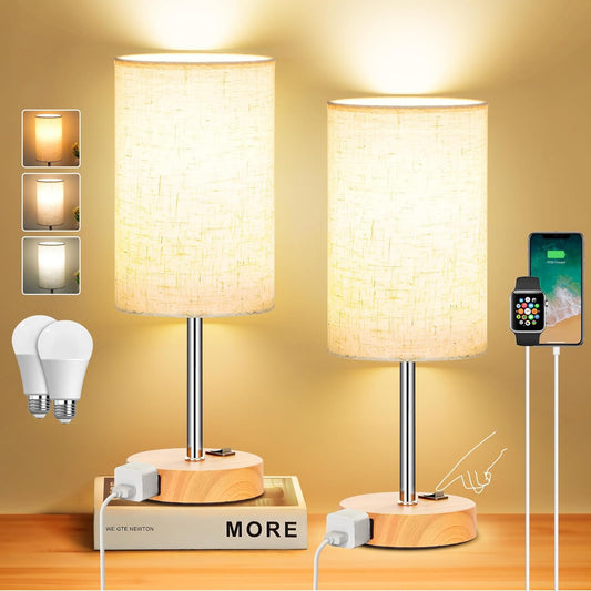 Table Lamp for Bedroom Set of 2, Bedside Small Lamps with 3 Way Dimmable Rocker Switch & AC Outlet, Nightstand Desk Lamp with Flaxen Fabric Shade Woodgrain Base for Living Room Home Decor Lights