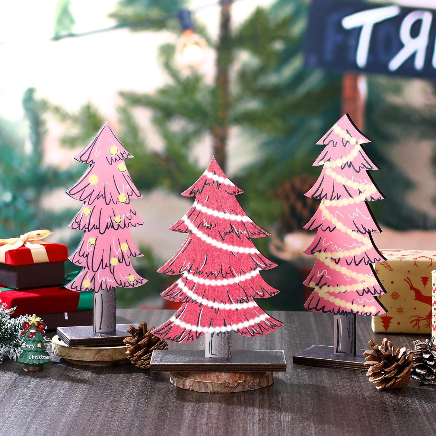 3 Pcs Rustic Christmas Decor Tabletop Christmas Tree Decorations Farmhouse Wood Trees Wooden Tree Centerpieces for Tables Rustic Xmas Decor with Rectangular Base for Home(Pink)