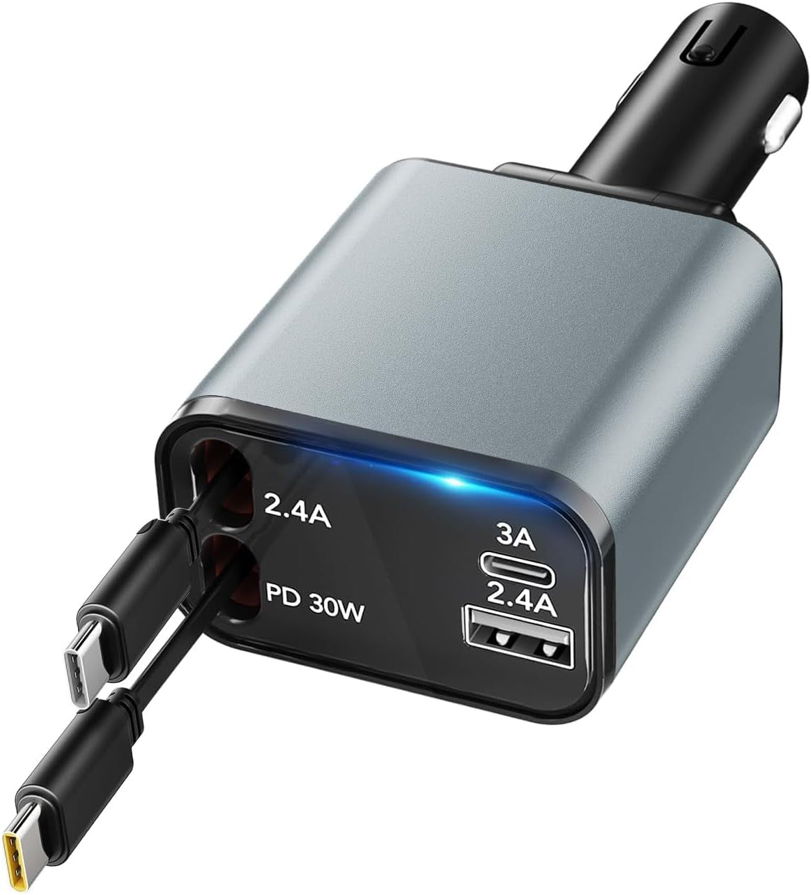 Retractable Car Charger 4 in 1, 【New-Gen Gan-Tech for Iphone Fast Charging】 Dual Cables for Lightning & USB C, USB C and USB Ports, Best Adapter Car Accessories for Iphone 16E, Men, Women