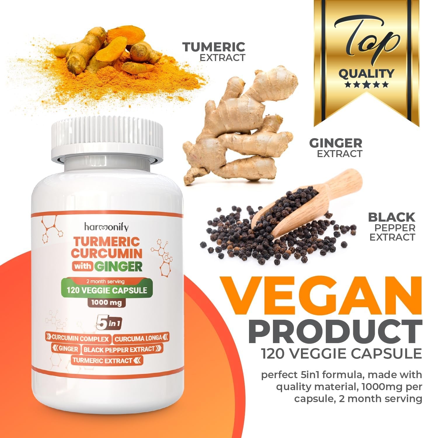 Turmeric Curcumin Supplement with Ginger, Ceylon Cinnamon and Black Pepper Complex 5 in 1 Formula, Curcuma Longa, Max Absorption, 1000 Mg, 120 Herbal Extract Capsules TLBH