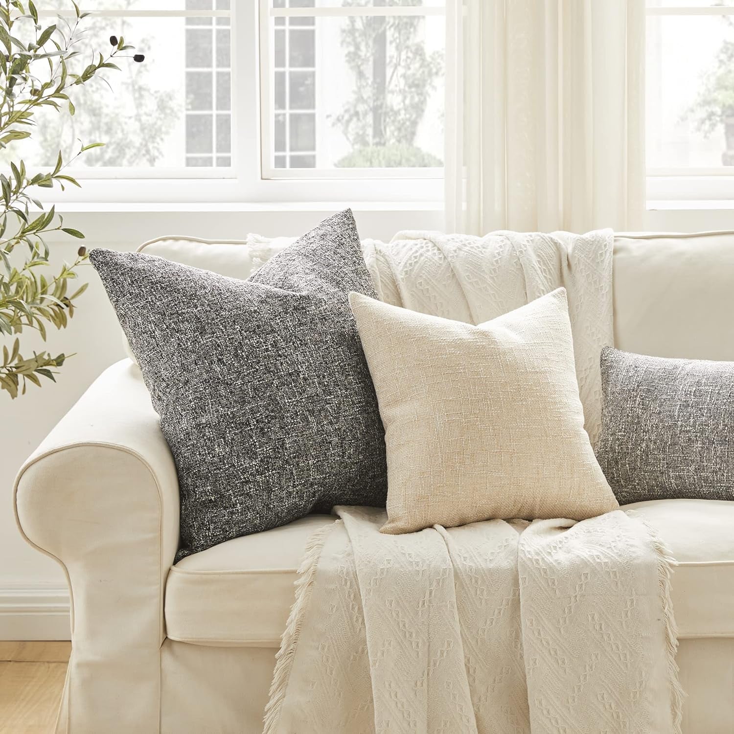 Set of 2 Beige Pillow Covers 18X18 Inch Rustic Linen Square Decorative Throw Pillow Covers for Sofa Couch Farmhouse Home Decorations