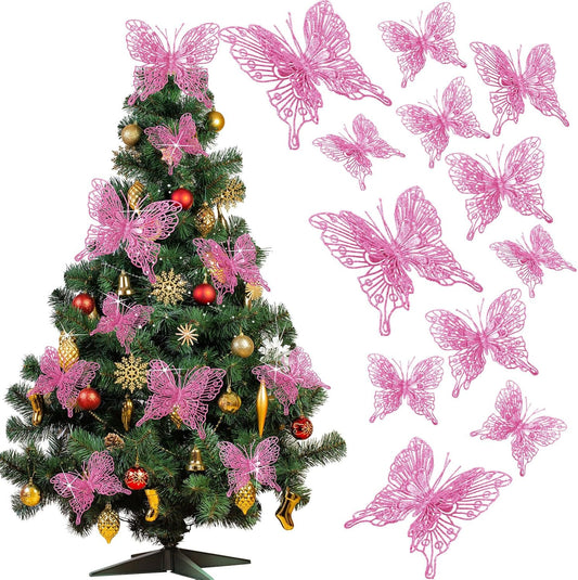 24 Pcs Christmas Tree Butterfly Decorations 3 Sizes 3D Glitter Hollow Butterfly Ornaments Hanging Butterfly Wall Decor with Clips and Stems for Christmas Tree Wreaths Decor (Glitter Pink)