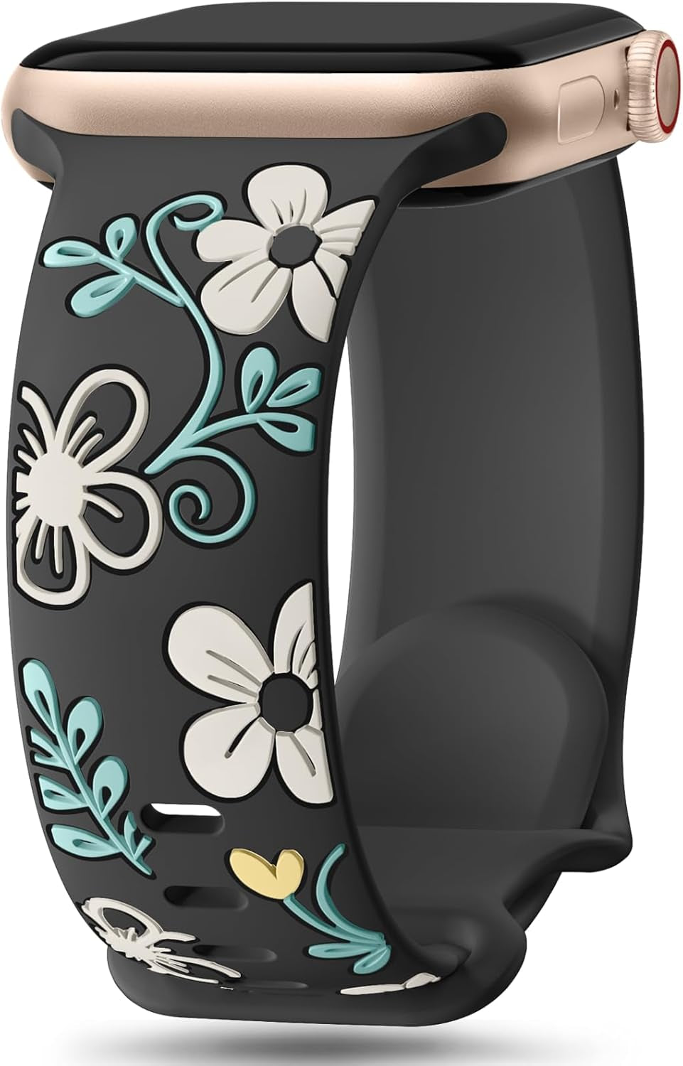Floral Band Compatible with Apple Watch Bands for Women 40Mm 41Mm 38Mm 42Mm 44Mm 45Mm 46Mm 49Mm, Engraved Cute Flower Silicone Inlay Dressy Strap for Iwatch Series 10 9 8 7 6 5 4 3 2 SE Ultra