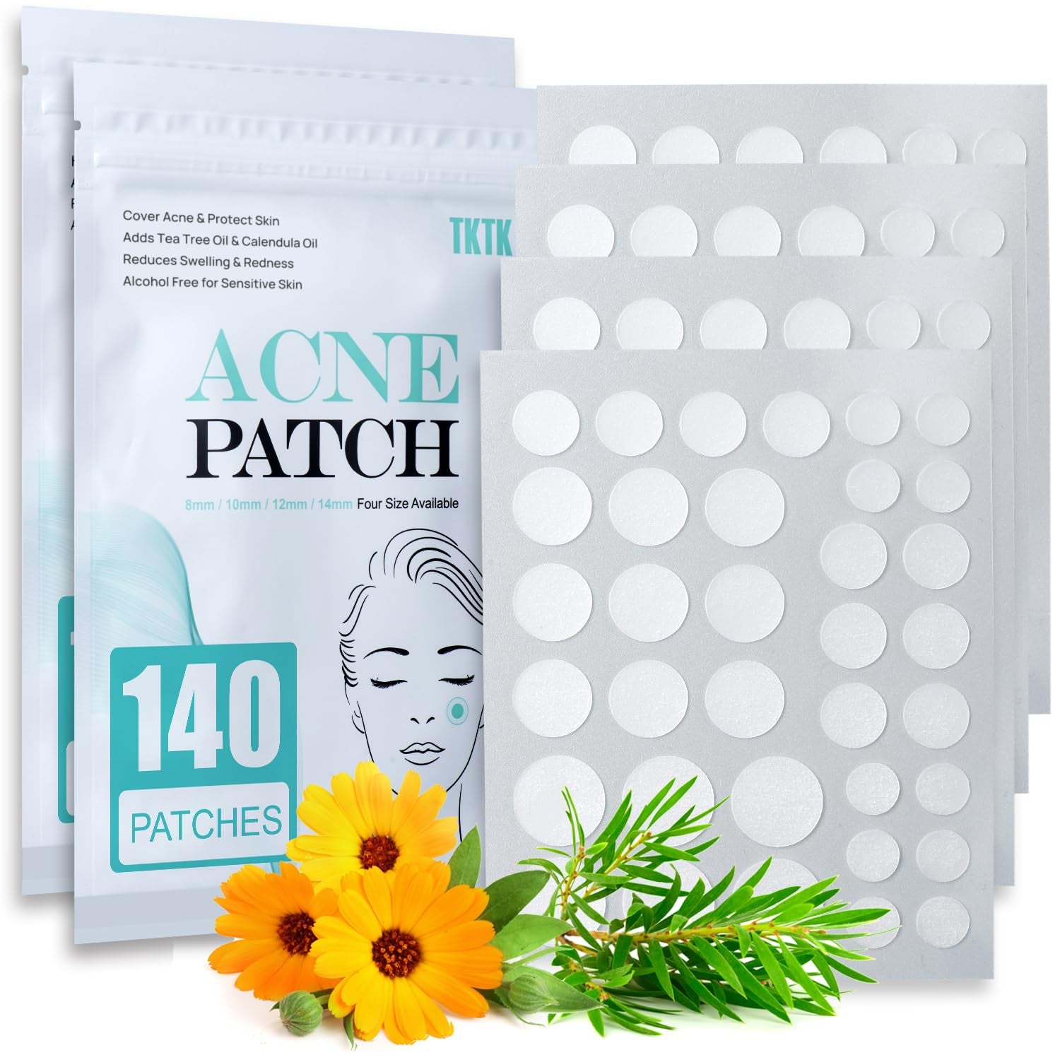 Acne Patch Pimple Patch, 4 Sizes 140 Patches Acne Absorbing Cover Patch, Hydrocolloid Invisible Acne Patches for Face Zit Patch Acne Dots Tea Tree, Calendula Oil