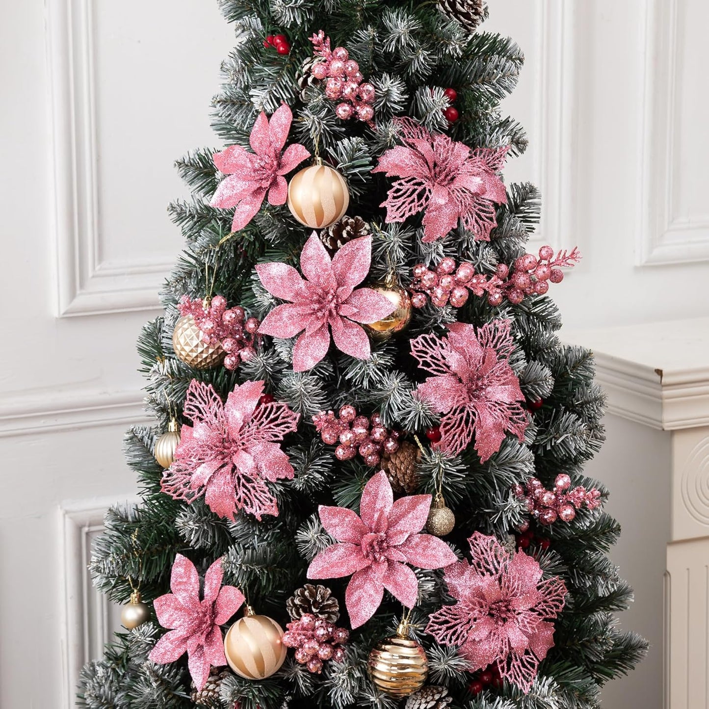 24Pcs Pink Glitter Poinsettia Christmas Tree Ornaments and Glitter Berries Stems, 16Pcs Christmas Artificial Flowers and 8 Pack Christmas Tree Picks for Wedding Holiday Decorations