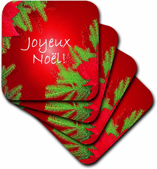 CST_8686_4 Christmas Poinsettia Joyeux Noel in Red-Ceramic Tile Coasters, Set of 8