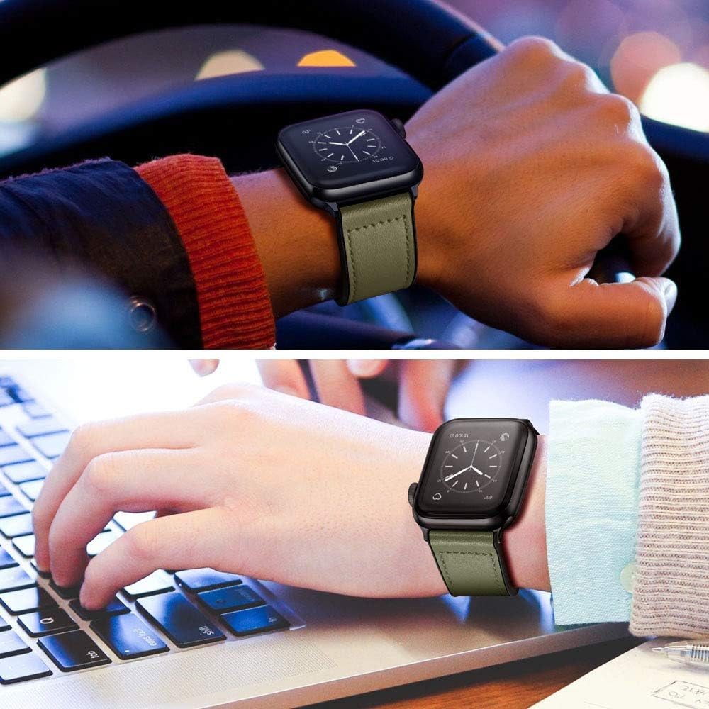 Compatible with Apple Watch Band 41Mm 40Mm 38Mm, Sweatproof Genuine Leather and Rubber Hybrid Band Strap for Iwatch Series 9 8 7 6 5 4 3 2 1 SE2 SE, Army Green Band with Black Adapter