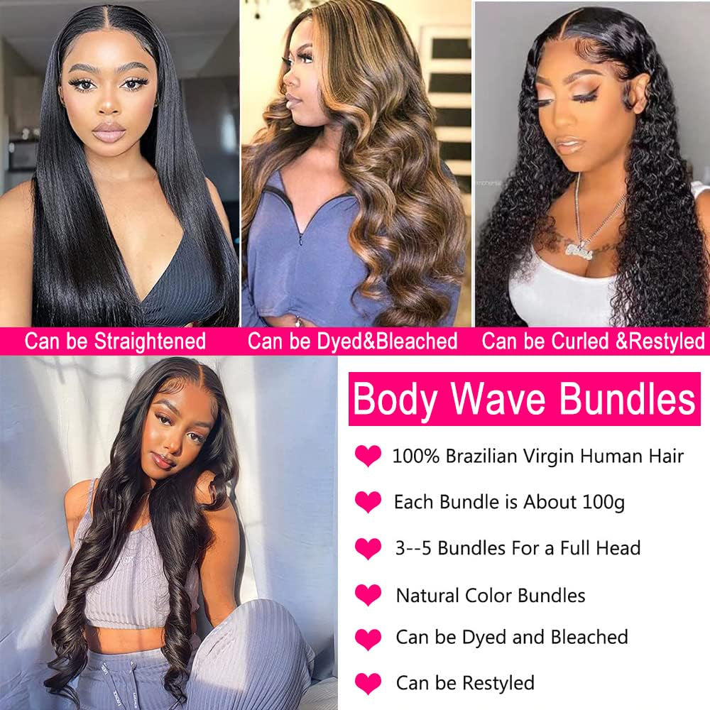 Human Hair Bundles Human Hair Body Wave 3 Bundles Human Hair 14 16 18 Inch Weave Bundles Human Hair 100% Unprocessed 12A Brazilian Hair Bundles Human Hair Extension for Black Women
