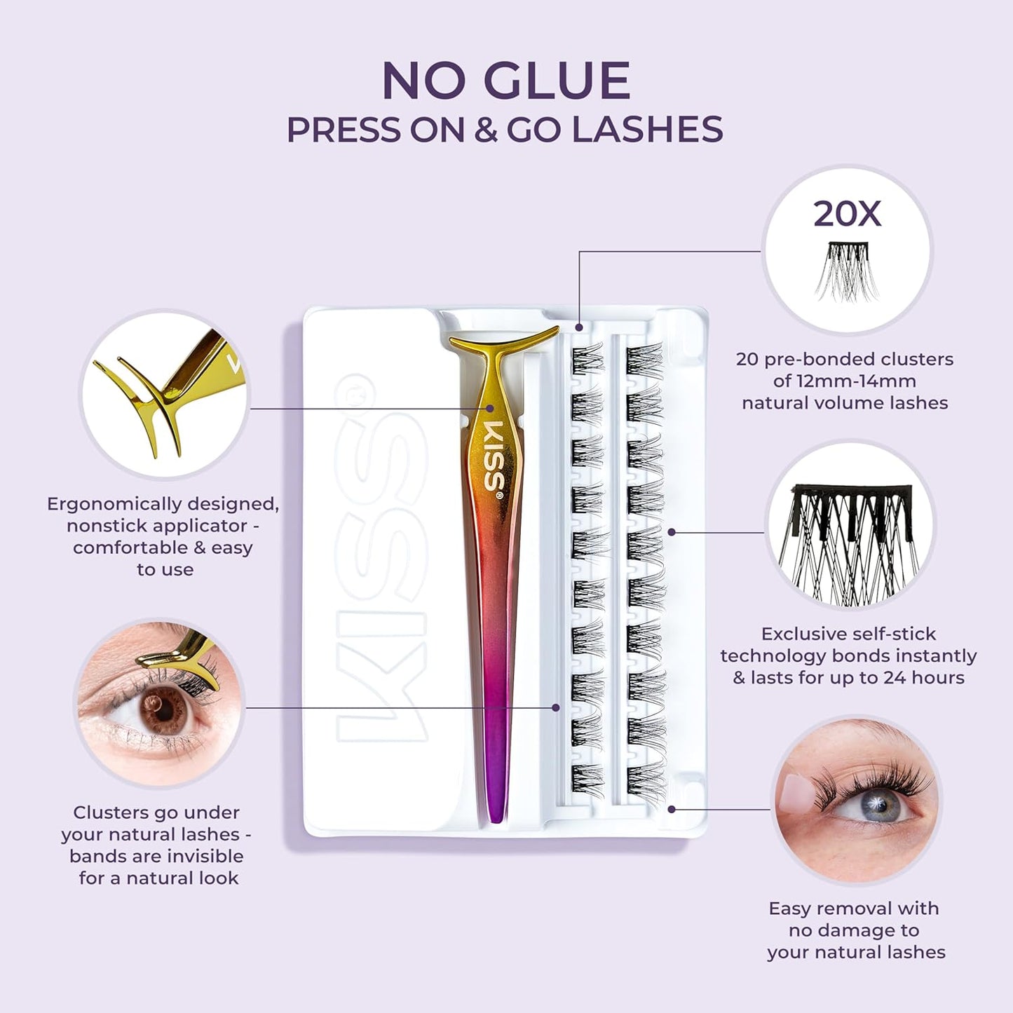 KISS  Falsies False Eyelashes, Lash Clusters, 'Natural', 12 Mm, Includes 20 Clusters, 1 Applicator, Contact Lens Friendly, Easy to Apply, Reusable Strip Lashes