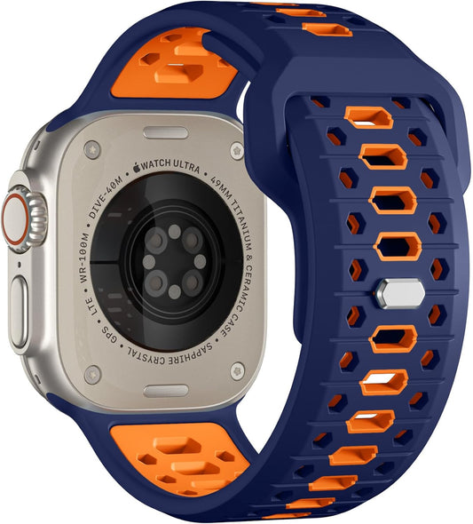 Navy Blue & Orange 26MM Width Breathable Silicone Sport Band Compatible with 49Mm Apple Watch Ultra 2/1, 46Mm Series 10, 45Mm Series 9 8 7, 44Mm Series 6 5 4 SE 2/1, 42Mm Series 3 2 1