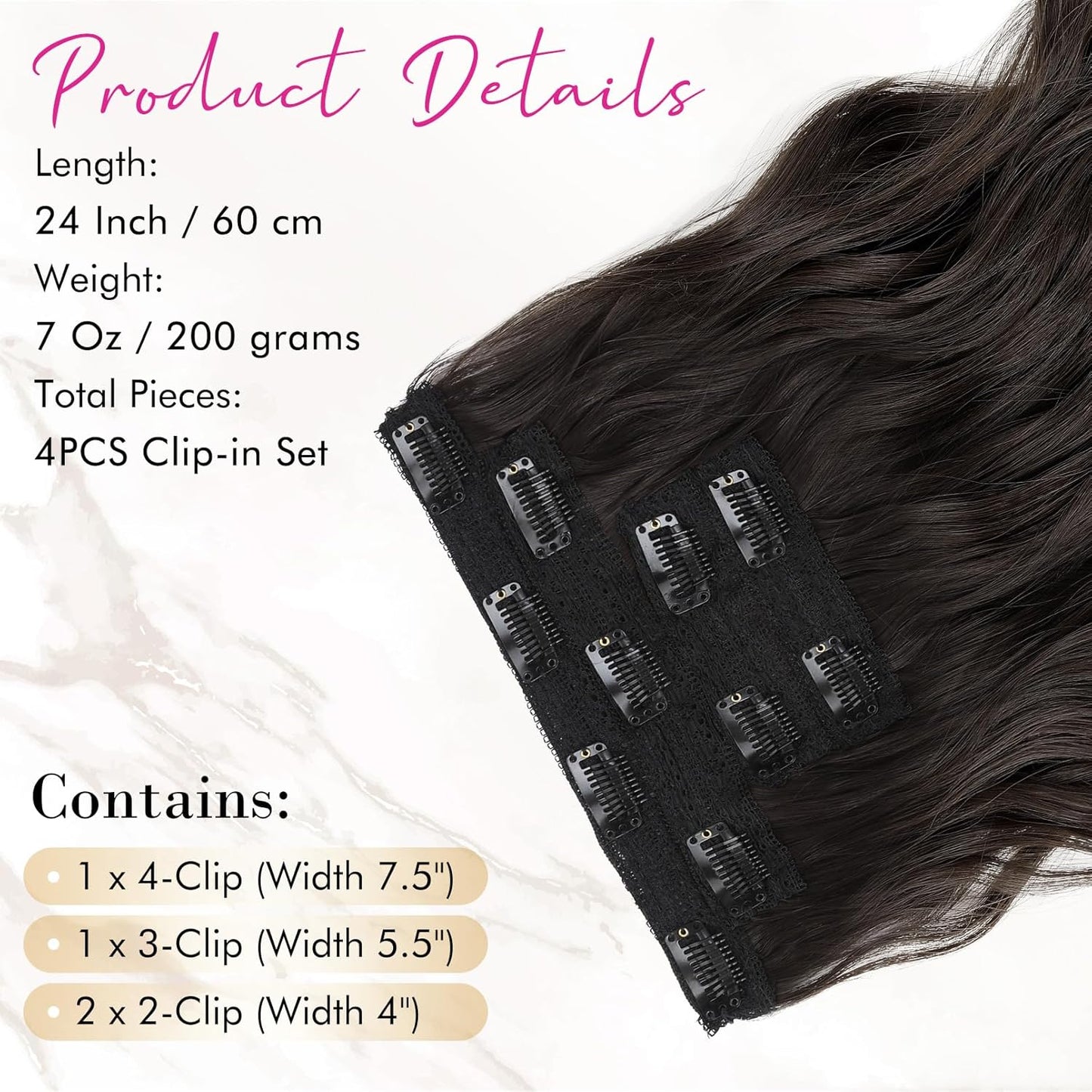Hair Extensions, 4PCS Clip in Hair Extensions 24" Thick Long Beach Waves Black Brown Hair Extensions HE003 Invisible Lace Weft Natural Soft Synthetic Hairpieces for Women – Black Brown