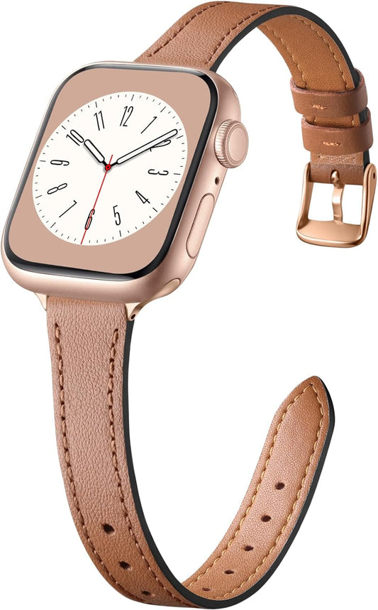 Slim Leather Band Compatible with Apple Watch Band 40Mm 38Mm 41Mm 42Mm 44Mm 45Mm 49Mm Women, Top Grain Genuine Leather Strap Thin Watch Wristband for Iwatch Series 9 8 7 6 5 4 3 2 1 SE Ultra 2