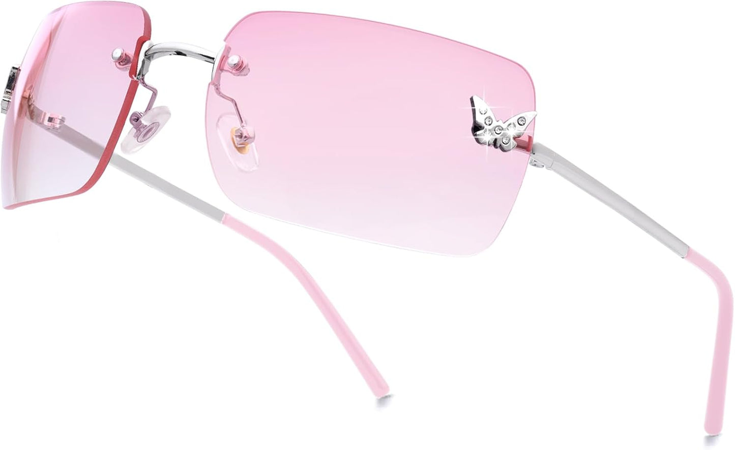 Rimless Rectangle Y2K Sunglasses for Women Men Cute Small Clear Frameless Tinted Lens 2000S Fashion Shades Butterfly