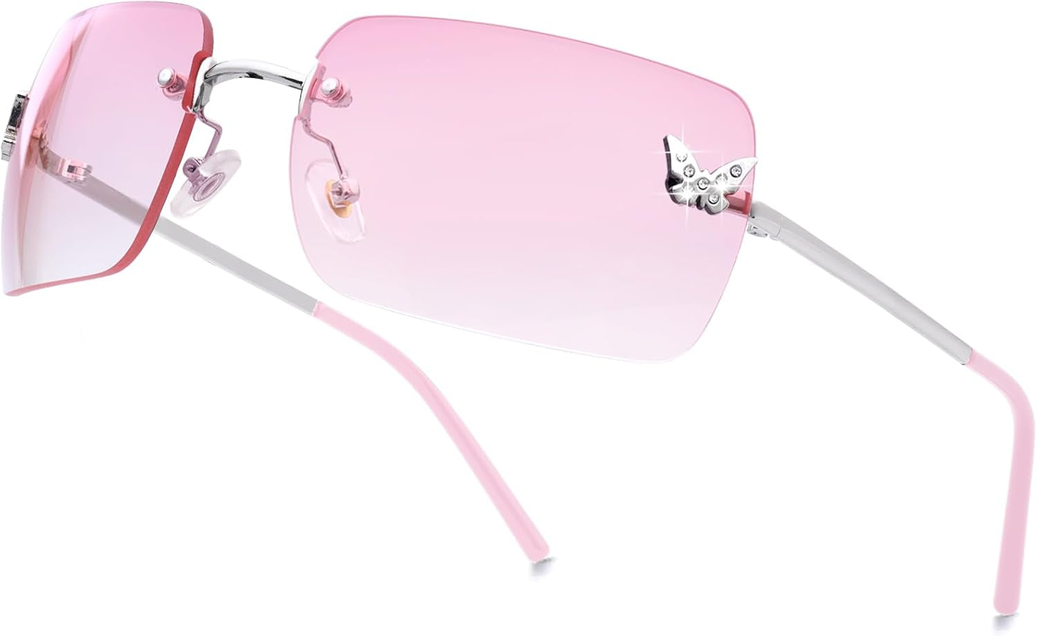Rimless Rectangle Y2K Sunglasses for Women Men Cute Small Clear Frameless Tinted Lens 2000S Fashion Shades Butterfly