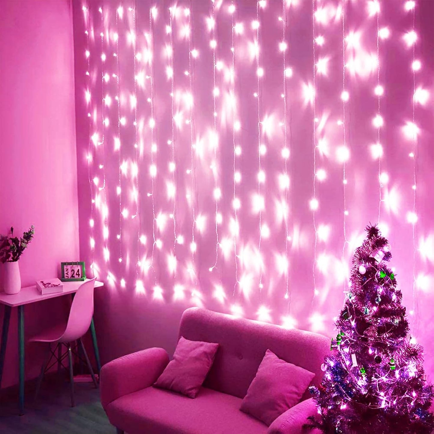 Pink Curtain Lights - 8 Modes LED Fairy String Lights for Windows, Ideal for Christmas, Valentine'S Day, Weddings, Party Room Decor