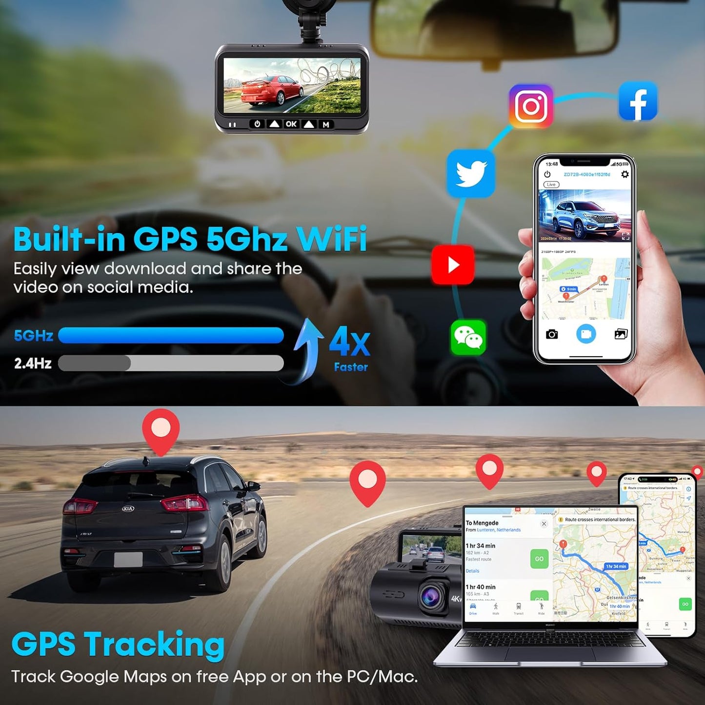 Dash Cam Front and Rear: 4K Easy Setup Car Camera Built-In GPS 5G Wifi - Clear Night Vision Dash Camera with 3.16" Screen 24H Parking Mode USB Powered