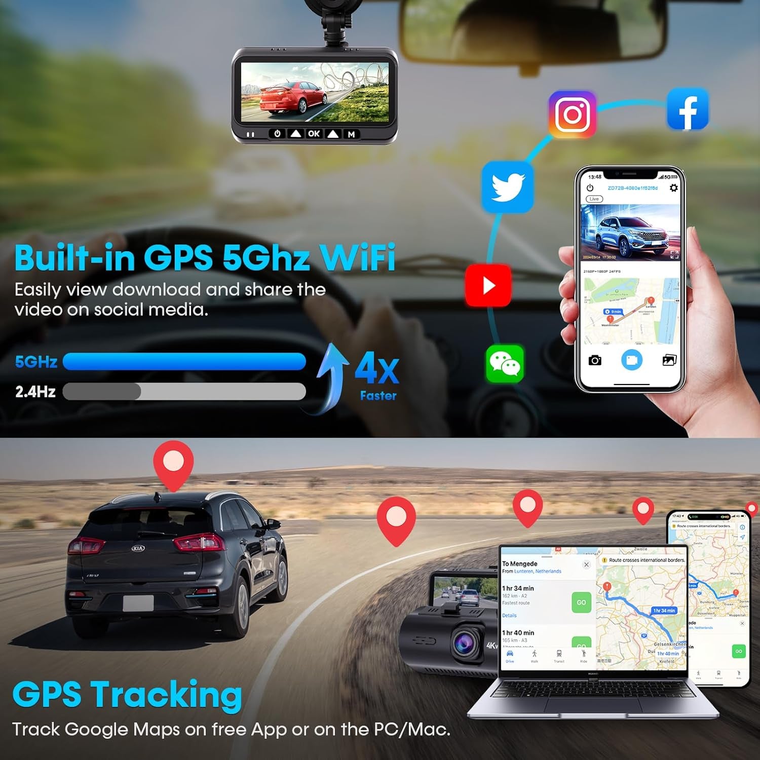 Dash Cam Front and Rear: 4K Easy Setup Car Camera Built-In GPS 5G Wifi - Clear Night Vision Dash Camera with 3.16" Screen 24H Parking Mode USB Powered