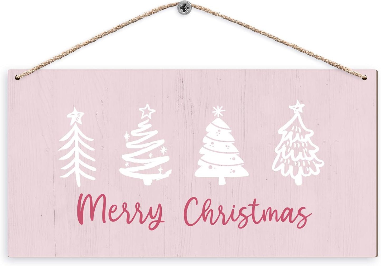 Pink Christmas Trees Hanging Wooden Signs 12X6, Merry Christmas Signs, Christmas Door Sign, Pink Christmas Decorations, Christams Trees Signs for Home Room Office Hanging Wall Decor