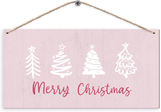 Pink Christmas Trees Hanging Wooden Signs 12X6, Merry Christmas Signs, Christmas Door Sign, Pink Christmas Decorations, Christams Trees Signs for Home Room Office Hanging Wall Decor