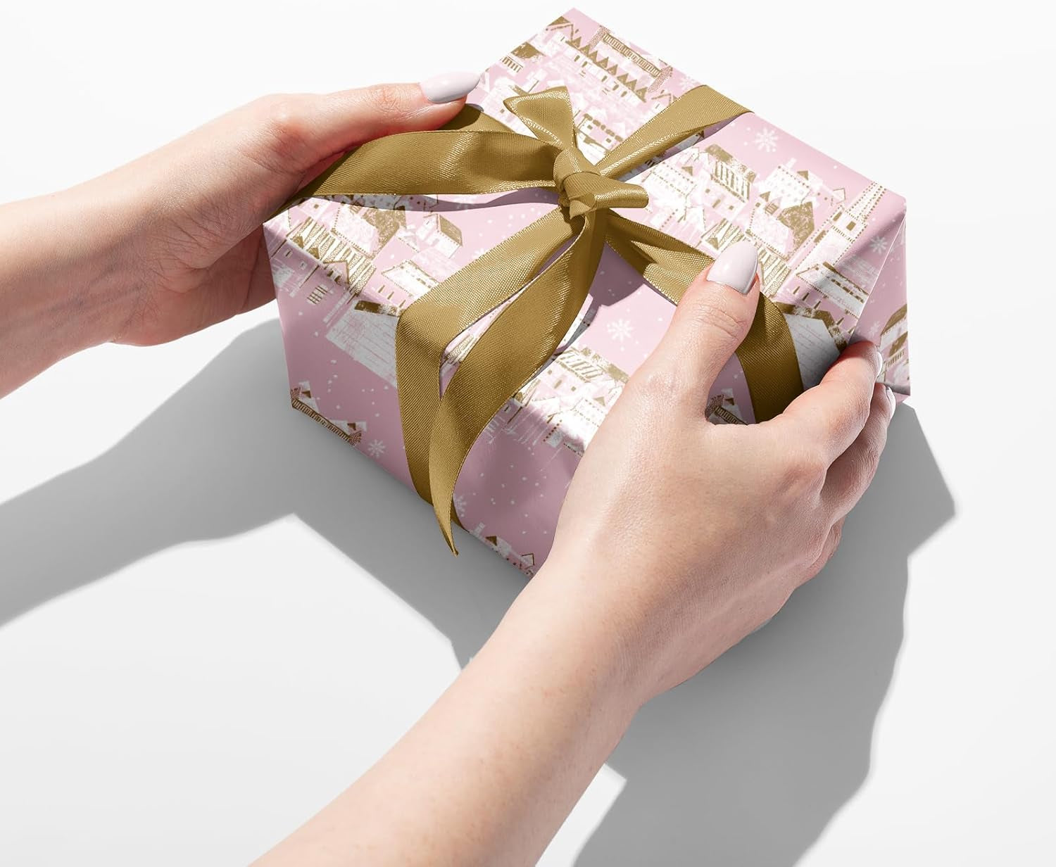 Christmas Wrapping Paper Roll - Pink & Golden City Snow Scenery for Christmas Holiday, Party - 17 Inches X 32.8 Feet (46.45 Sq.Ft.)
