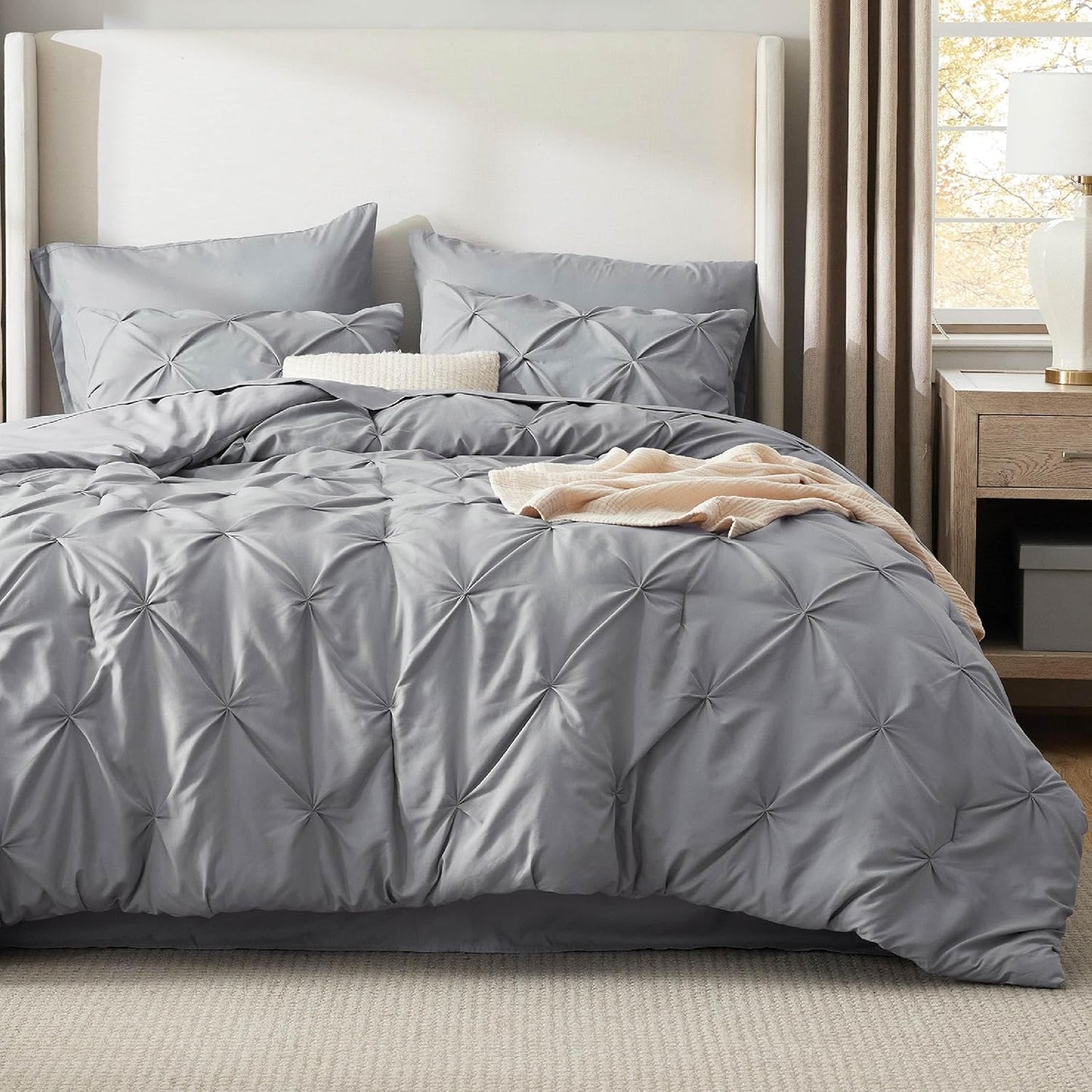 King Size Comforter Set - Bedding Sets King 7 Pieces, Pintuck Bed in a Bag Grey Bed Set with Comforter, Sheets, Pillowcases & Shams