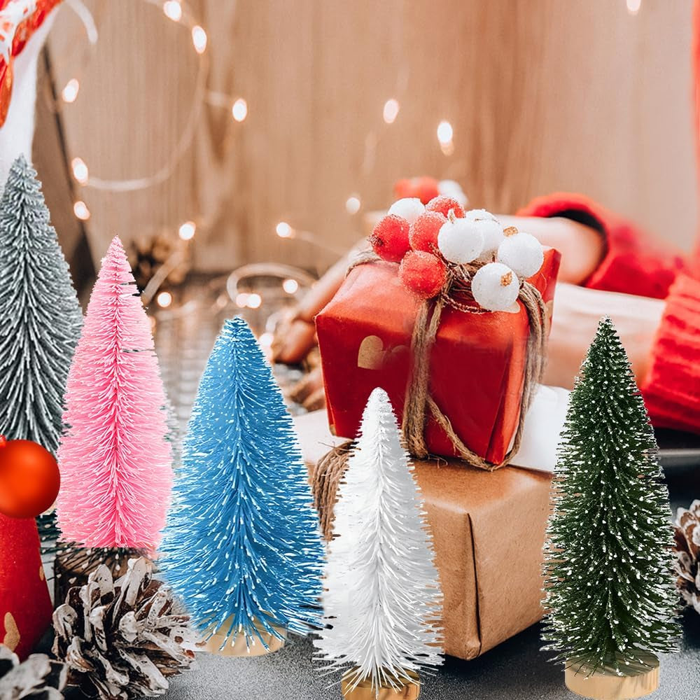 Artificial Mini Christmas Trees, 30 Pcs Sisal Snow Pines in 5 Sizes, Crafting Displaying Decoration, Tabletop Xmas Tree for Home, Party (Pink/White/Green)