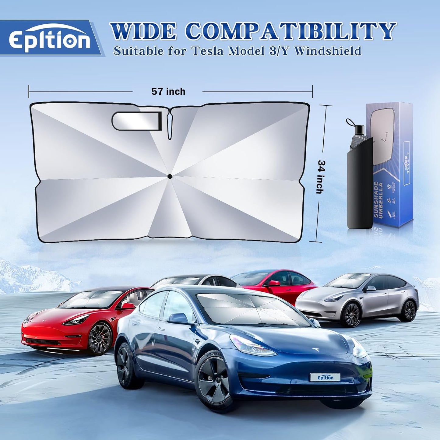 2024 Newest Tesla Model 3/Model Y Windshield Sunshade Double Layer Umbrella-[Outer Cooling Ice Crystal Layer][Built-In Vinyl Insulation],Full-Size Foldable Front Sun Shade for Model 3/Y 2016-2024