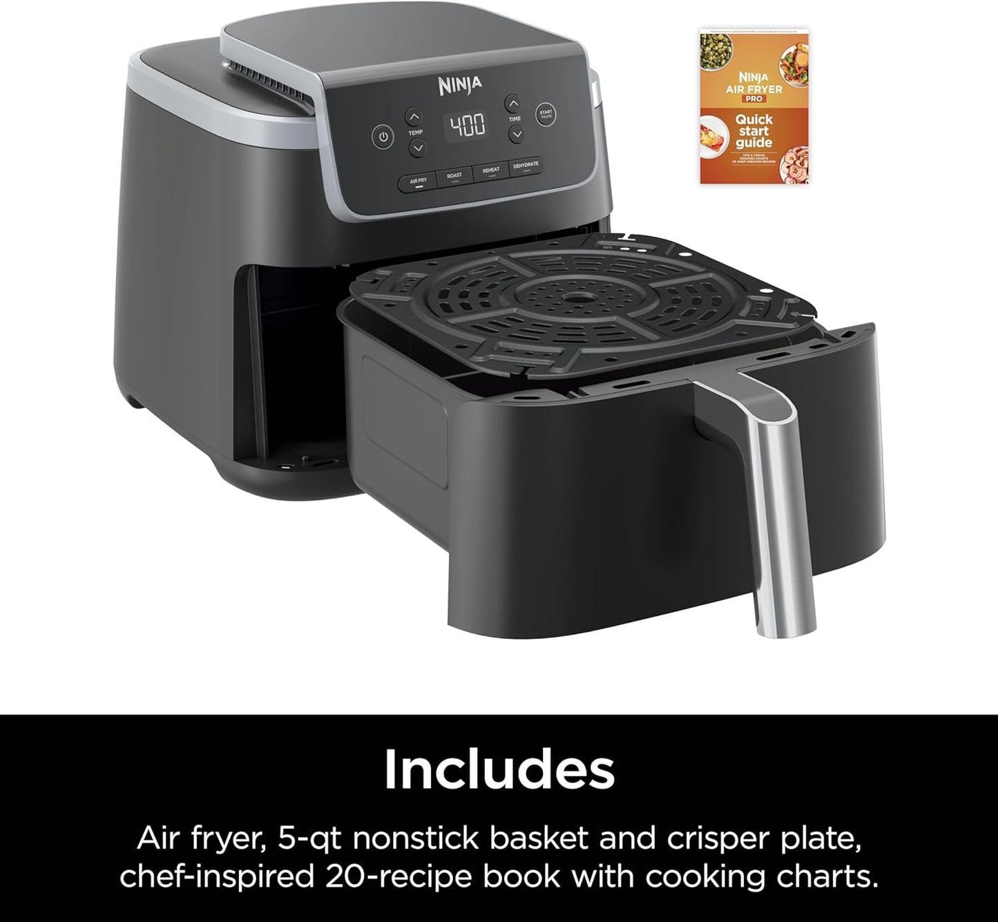 Air Fryer Pro 4-In-1 with 5 QT Capacity, Air Fry, Roast, Reheat, Dehydrate, Air Crisp Technology with 400F for Hot, 120 Volts, Nonstick Basket & Crisper Plate, Grey, AF141