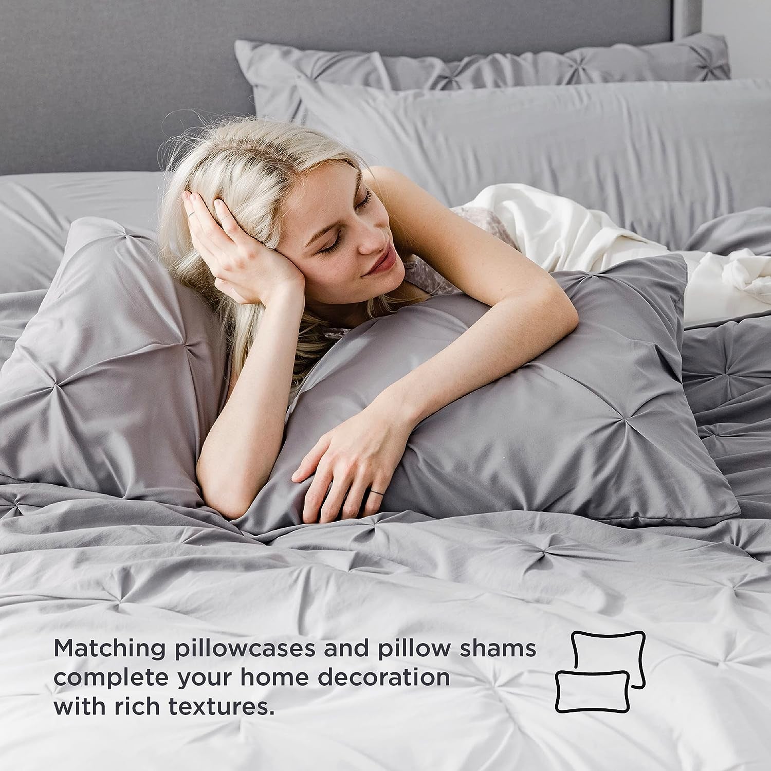 King Size Comforter Set - Bedding Sets King 7 Pieces, Pintuck Bed in a Bag Grey Bed Set with Comforter, Sheets, Pillowcases & Shams