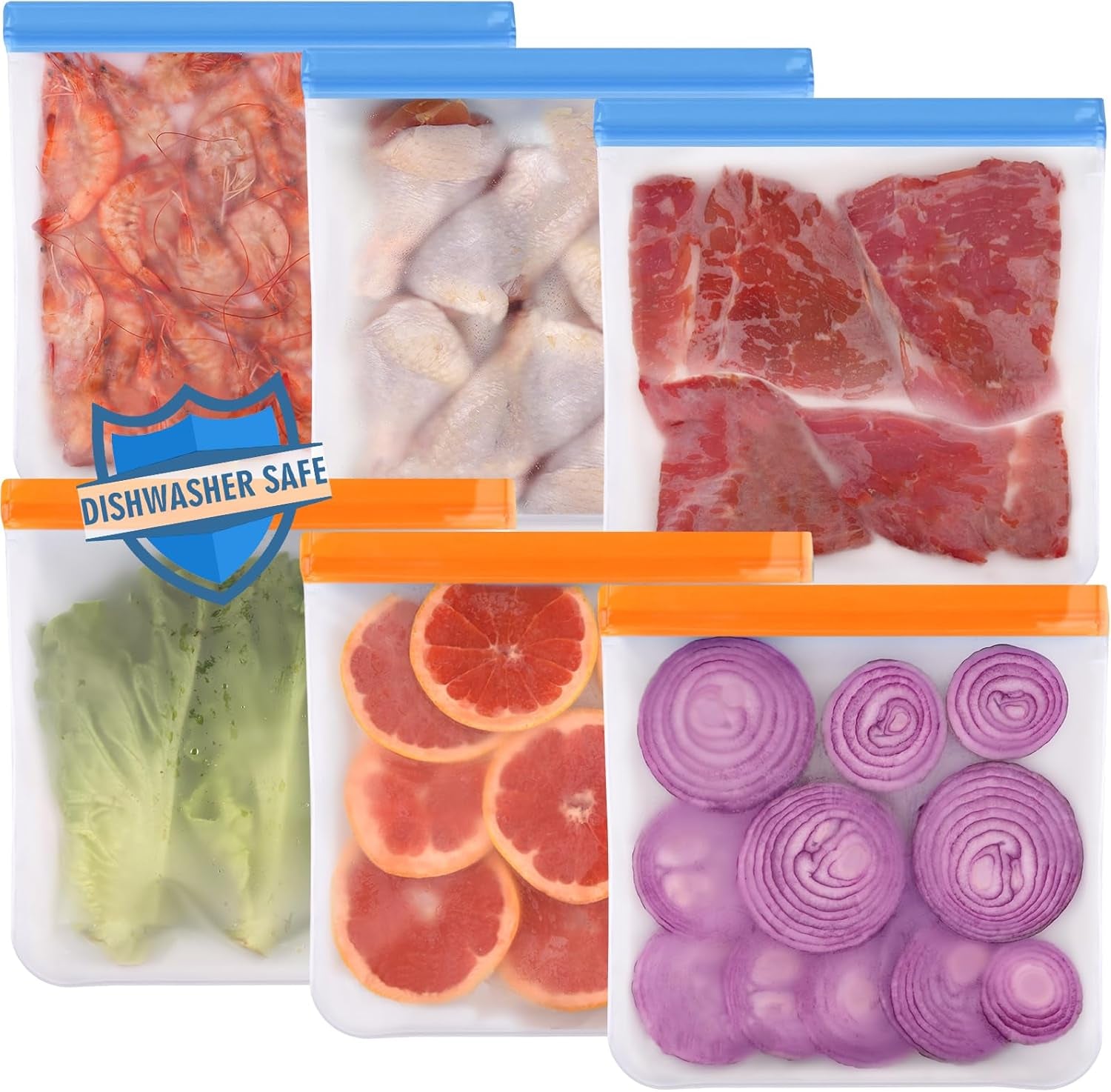 6 Pack Reusable Gallon Freezer Bags Dishwasher Safe, BPA Free Reusable 1 Gallon Bags Silicone, Leakproof Reusable Storage Bags for Marinate Meats, Cereal, Vegetables, Home Organization(Grey)