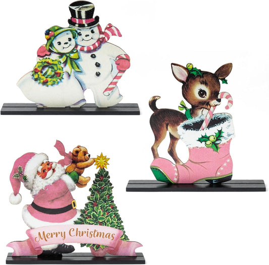 3Pcs Vintage Pink Christmas Theme Wooden Table Topper Centerpiece Decoration Signs, Victorian Style Santa Claus Elk Snowman Detachable Tabletop Sign Decor for Christmas Party Supplies