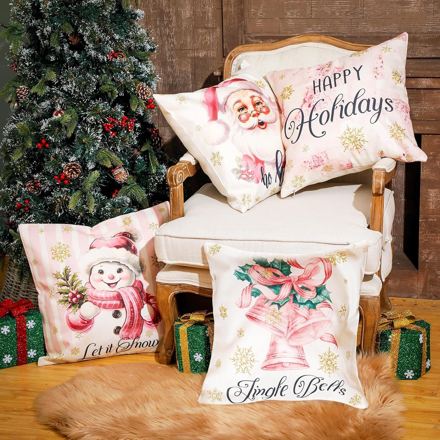 8 Pcs Pink Christmas Pillow Covers 18 X 18 Inch Pink Santa Christmas Tree Sleigh Snowman Gift Throw Pillow Covers Linen Pillowcase Pink Decorations Throw Pillow Covers Decor for Sofa Couch