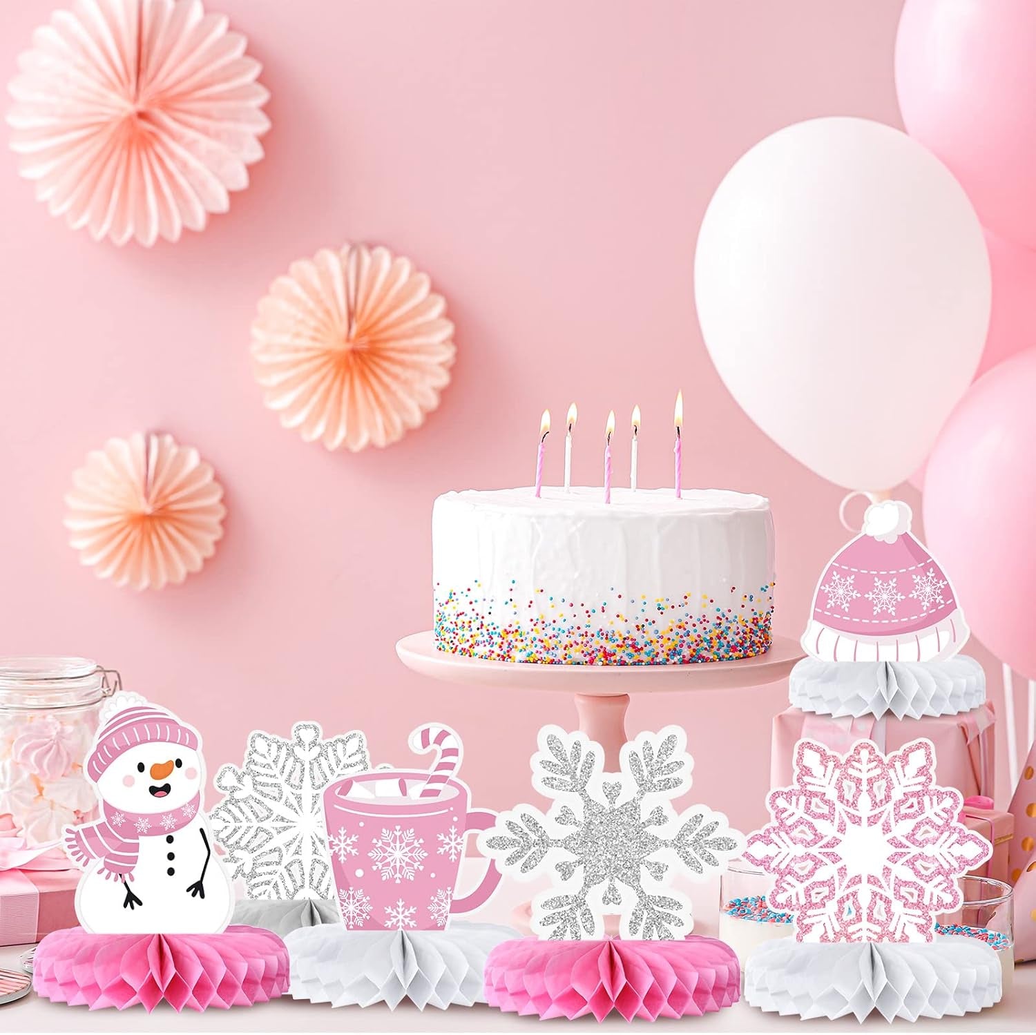 9 Pcs Winter Table Honeycomb Centerpieces Snowflake Honeycomb Party Decorations Winter Party Centerpieces for Winter Theme Christmas Birthday Baby Shower Party Supplies (Pink)