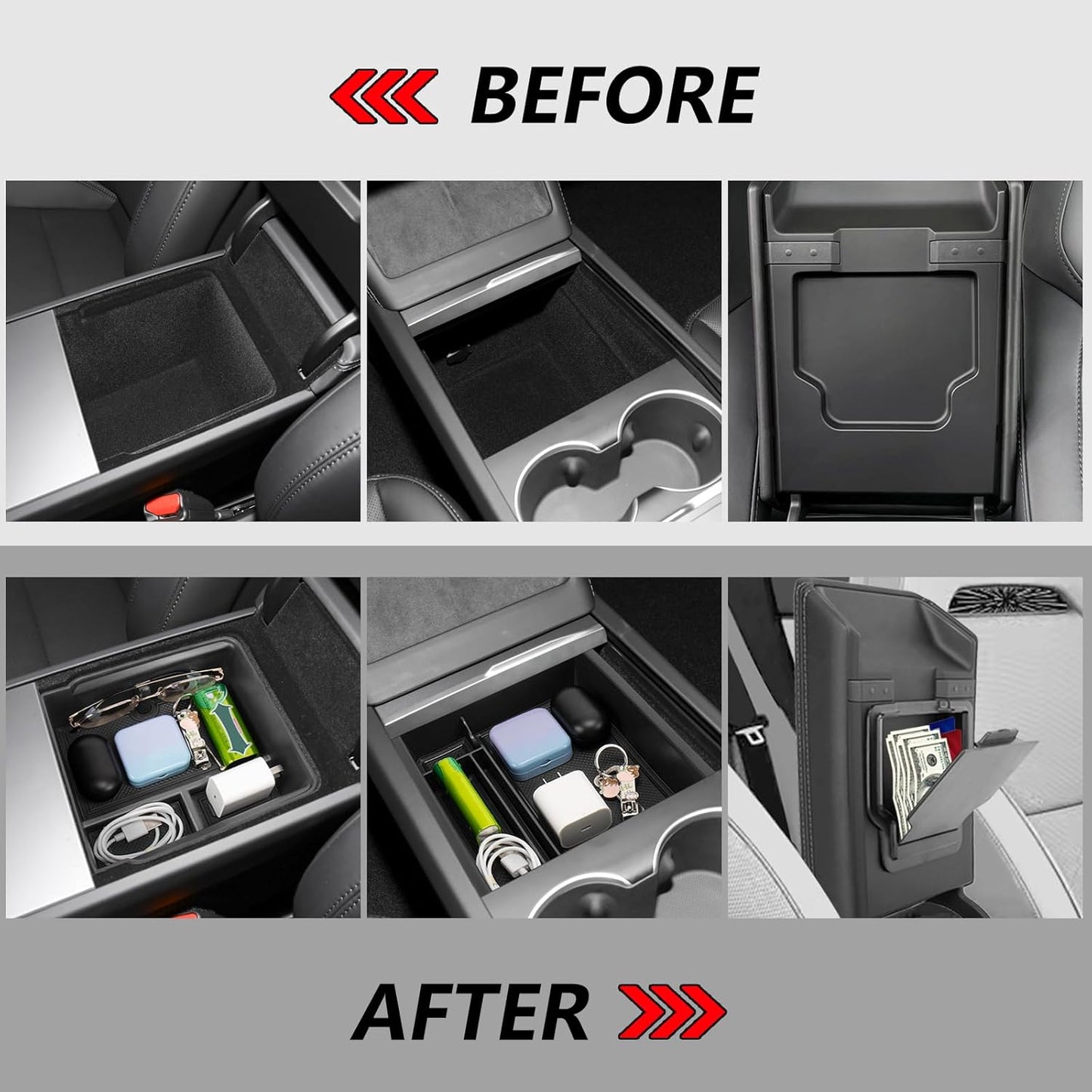 Center Console Organizer Compatible with 2024 Tesla Model 3 Highland Armrest Storage Box and Front Hidden Cubby Drawer Tray Interior Accessories (3PCS Center Console Tray)