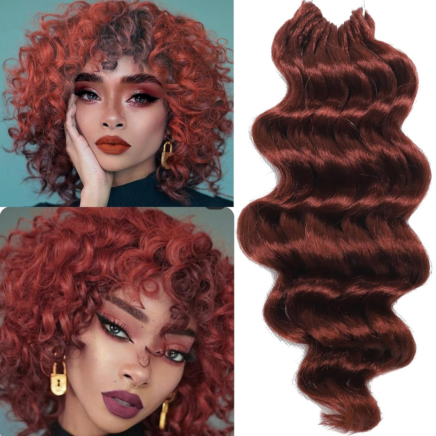 350# Ocean Wave Crochet Hair Pre Looped 9 Inch Ginger Curly Braiding Ocean Wave Hair 7 Packs Copper Red Deep Wave Short Wavy Ocean Wave Crochet Braids Hair Extensions for Women(9Inch (Pack of 7), 350)