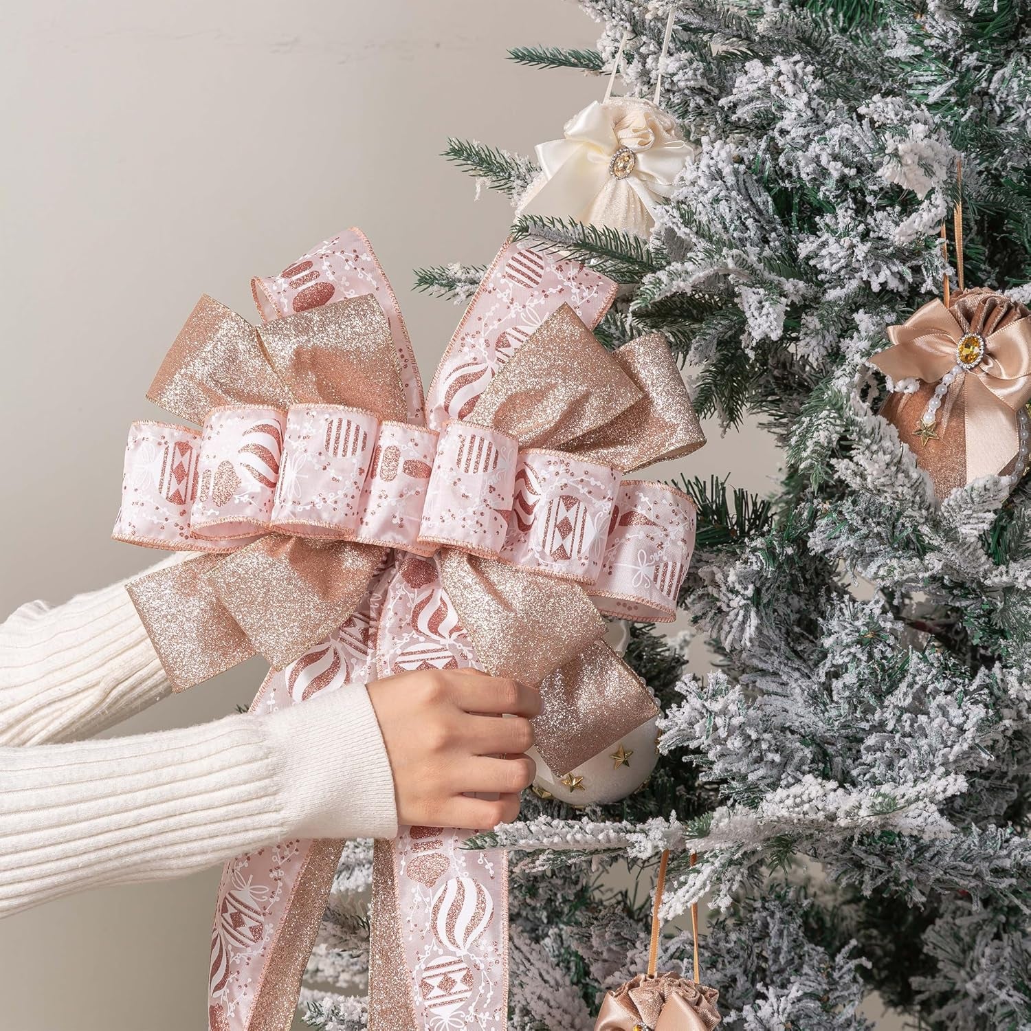 Christmas Tree Topper, 40X13 Inches Toppers Bow with Glitter Satin Mesh Streamer and Patterned Ribbon, Christmas Tree Topper Bow for Christmas Home Decoration (Rose Gold)