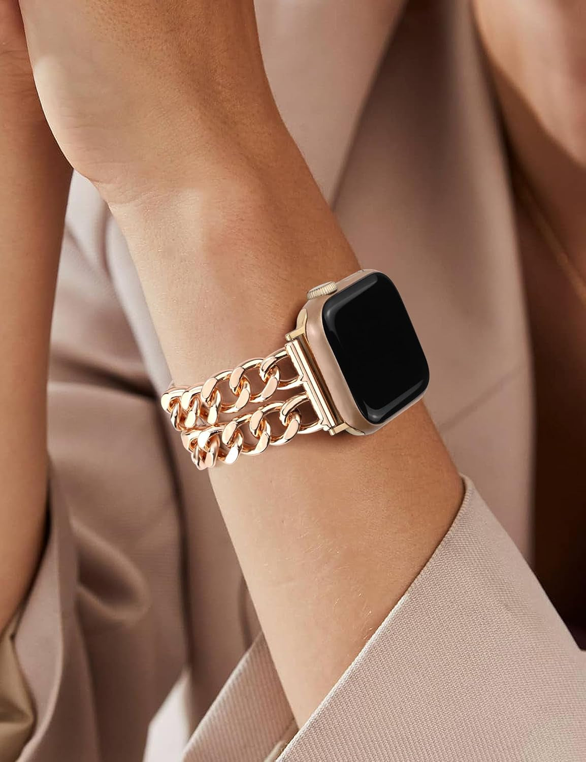 Rose Gold Watch Bands for Women Compatible with Apple Watch Band 38Mm 40Mm 41Mm Adjustable Metal Band Cowboy Steel Chain Bracelet for Iwatch Series 9/8/7/6/5/4/3/2/1/Se/Ultra (No Case)