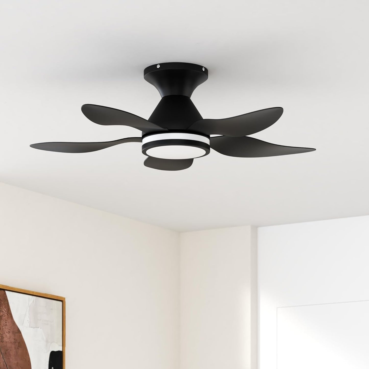 Ceiling Fans with Lights Remote/App Control, 38" Low Profile Ceiling Fans with Dimmable White Colors+ RGB Ring Lights, 6 Speeds 5 Reversible Blades for Kids Room Bedroom Living Room, Black