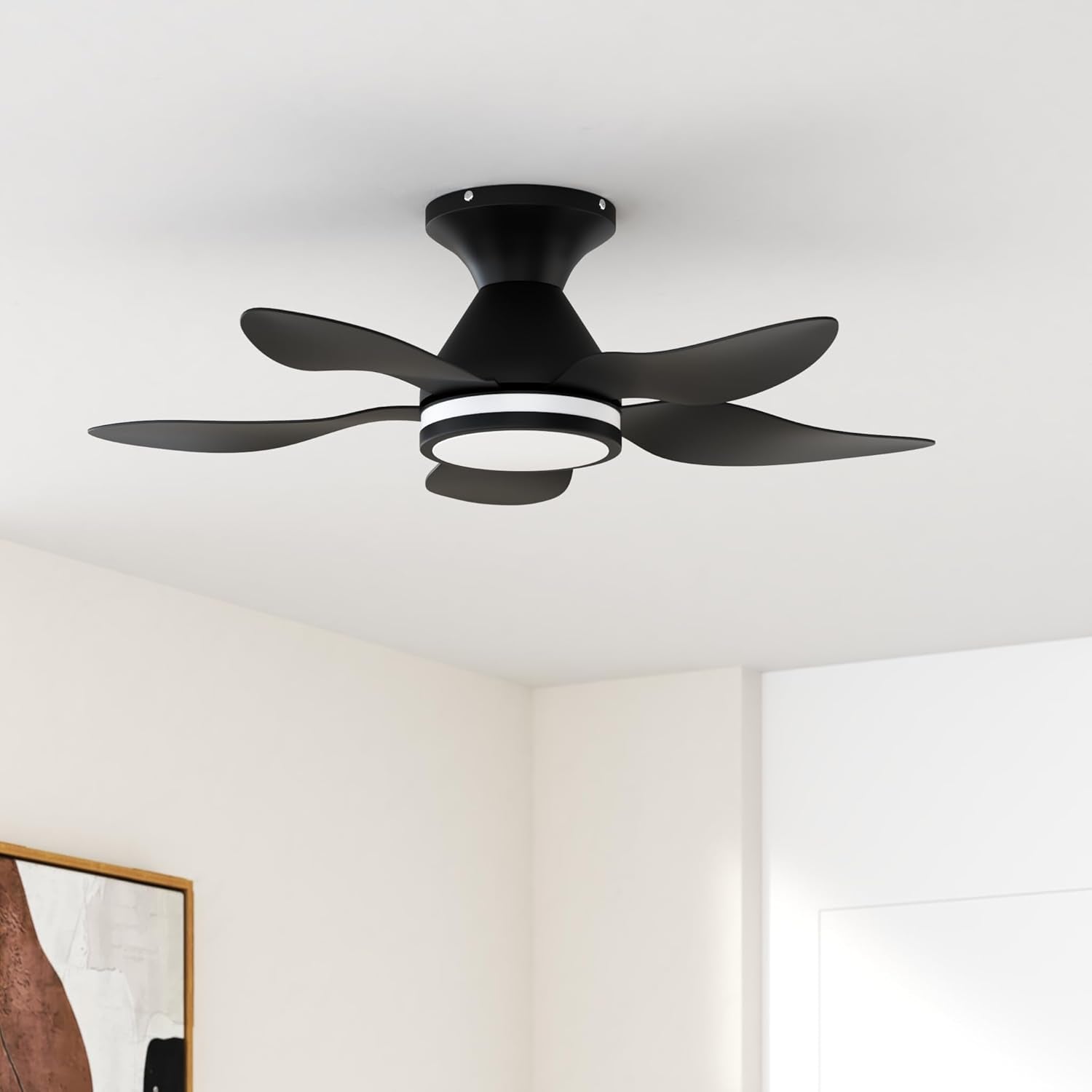 Ceiling Fans with Lights Remote/App Control, 38" Low Profile Ceiling Fans with Dimmable White Colors+ RGB Ring Lights, 6 Speeds 5 Reversible Blades for Kids Room Bedroom Living Room, Black