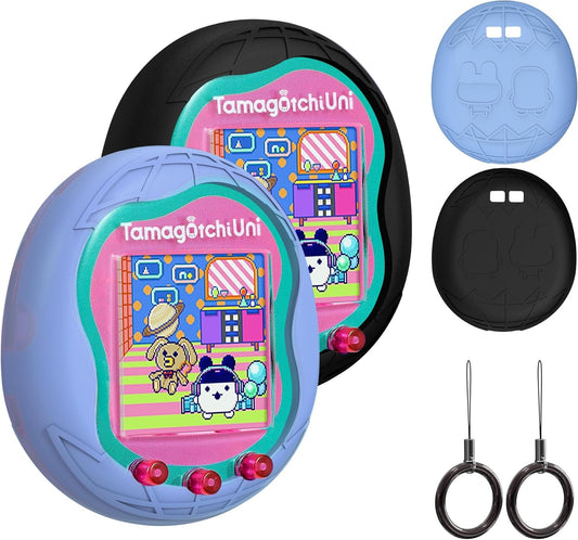 Silicone Case Compatible with Tamagotchi Uni Virtual Pet Machine, Protective Skin Sleeve Shell for Tamagotchi Uni with Finger Lanyard (Light Blue and Black) ZOUSA