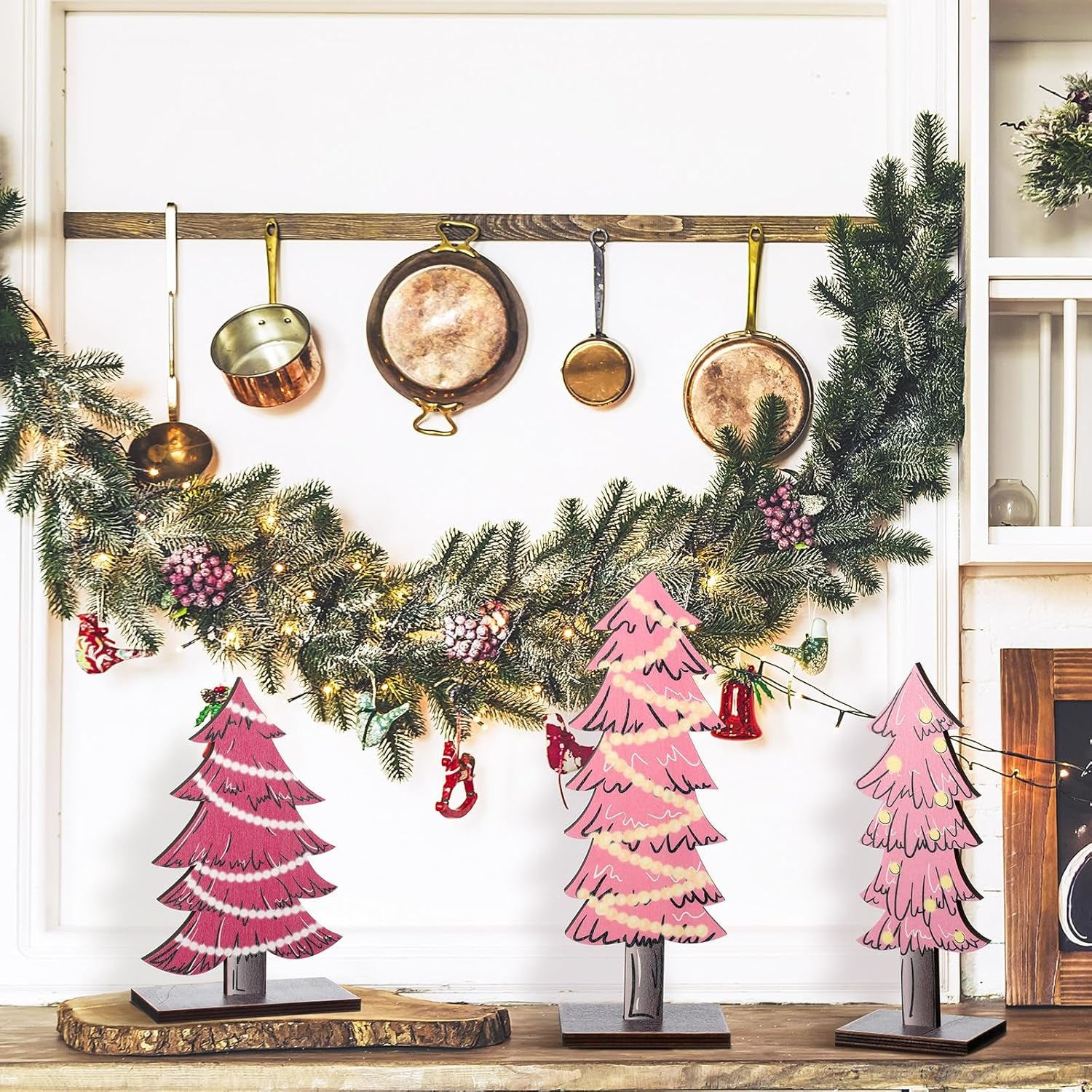 3 Pcs Rustic Christmas Decor Tabletop Christmas Tree Decorations Farmhouse Wood Trees Wooden Tree Centerpieces for Tables Rustic Xmas Decor with Rectangular Base for Home(Pink)