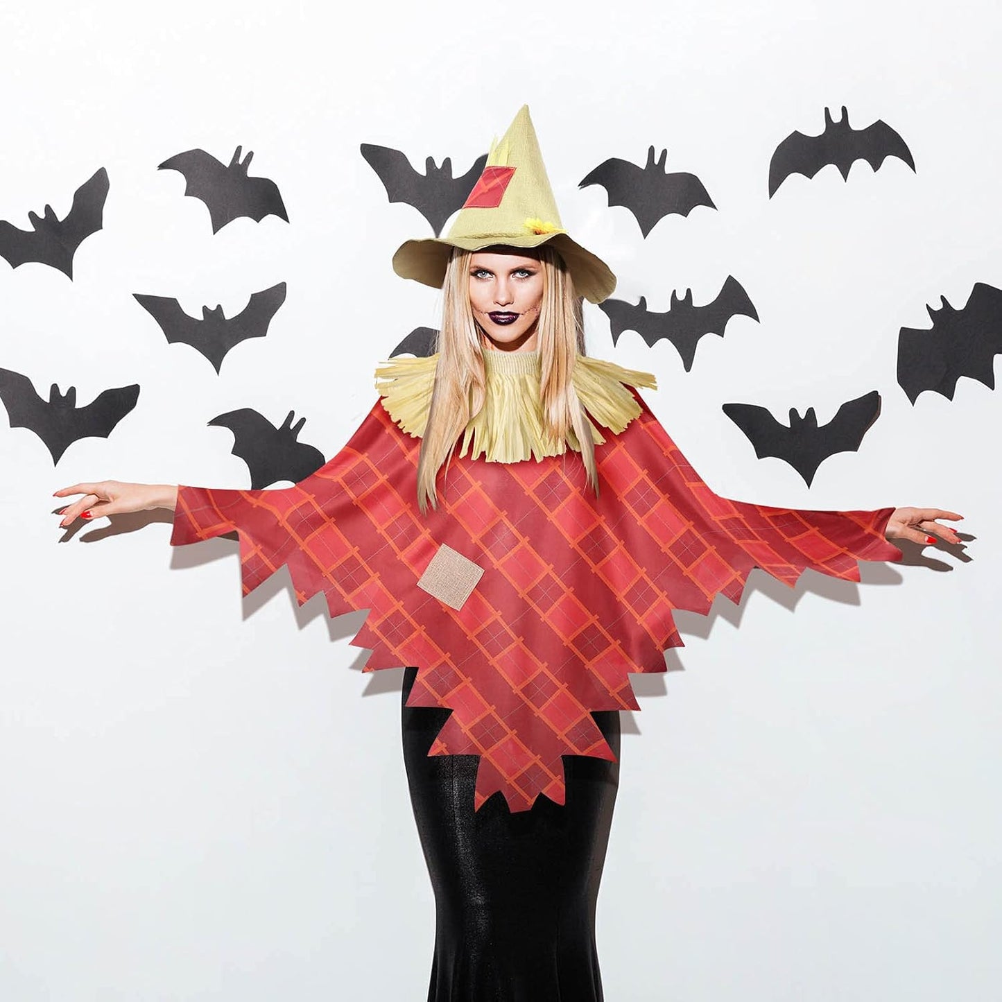 Halloween Scarecrow Costume for Women Adult Scarecrow Poncho Scarecrow Hat Plaid Halloween Costumes for Halloween Decorations Role Playing Party Accessory