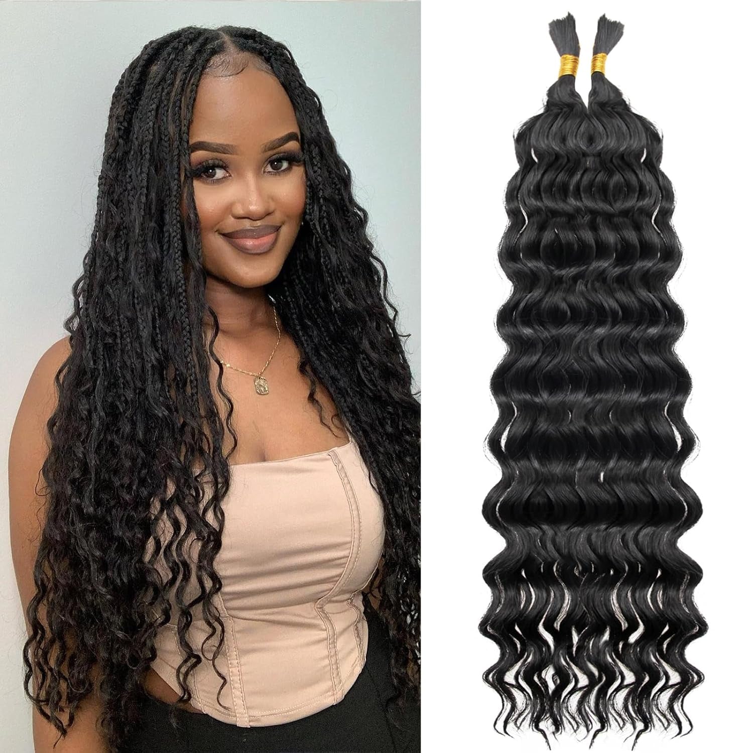 Boho Hair for Braiding Curly Braiding Hair Deep Wave Bulk Hair for Braiding 2 Bundles 100G Natural Black Micro Twist No Weft Wet and Wavy Braiding Hair (1B, 18 Inch)